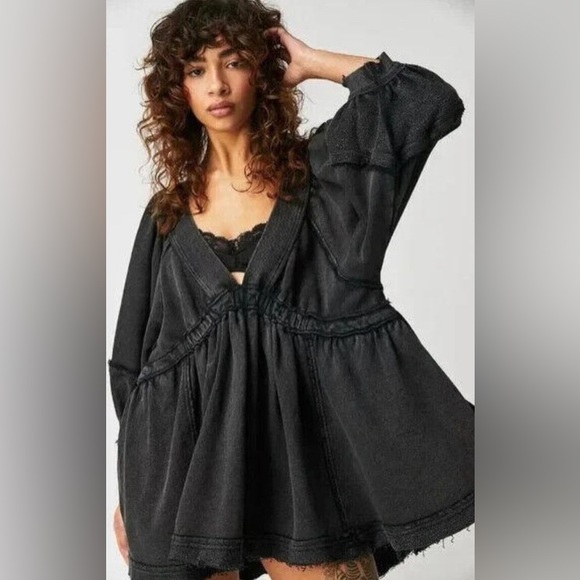 NWOT Free People Feeling Cute Sweatshirt Tunic Dress Oversized Washed Black L - Picture 1 of 9